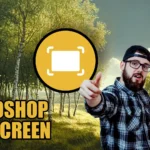 Photographer explaining how to exit Photoshop full screen mode with a nature backdrop and screen exit icon