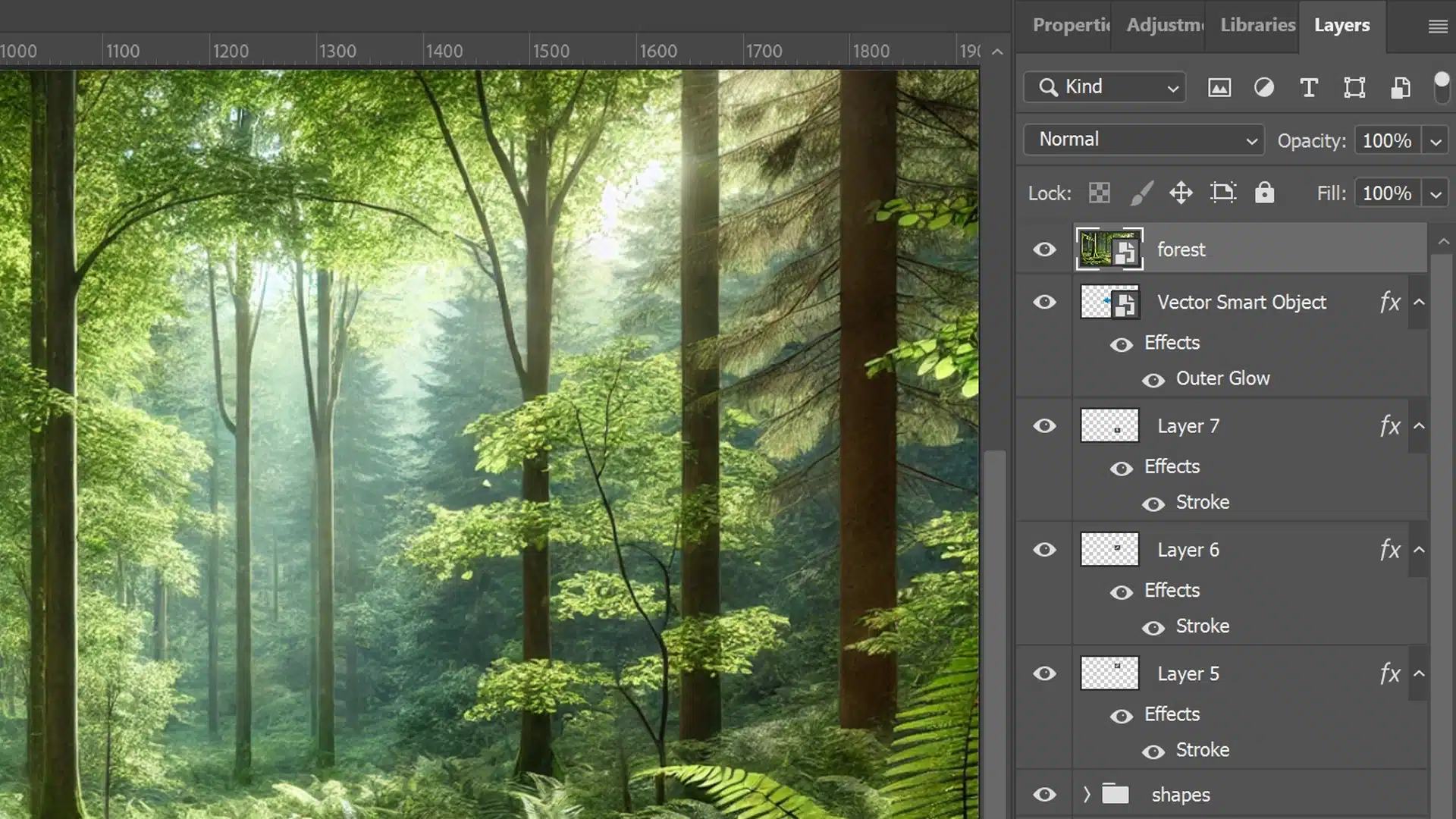 Photoshop Layers Panel with multiple layers of a forest image, including vector smart objects and layer effects like Outer Glow and Stroke.