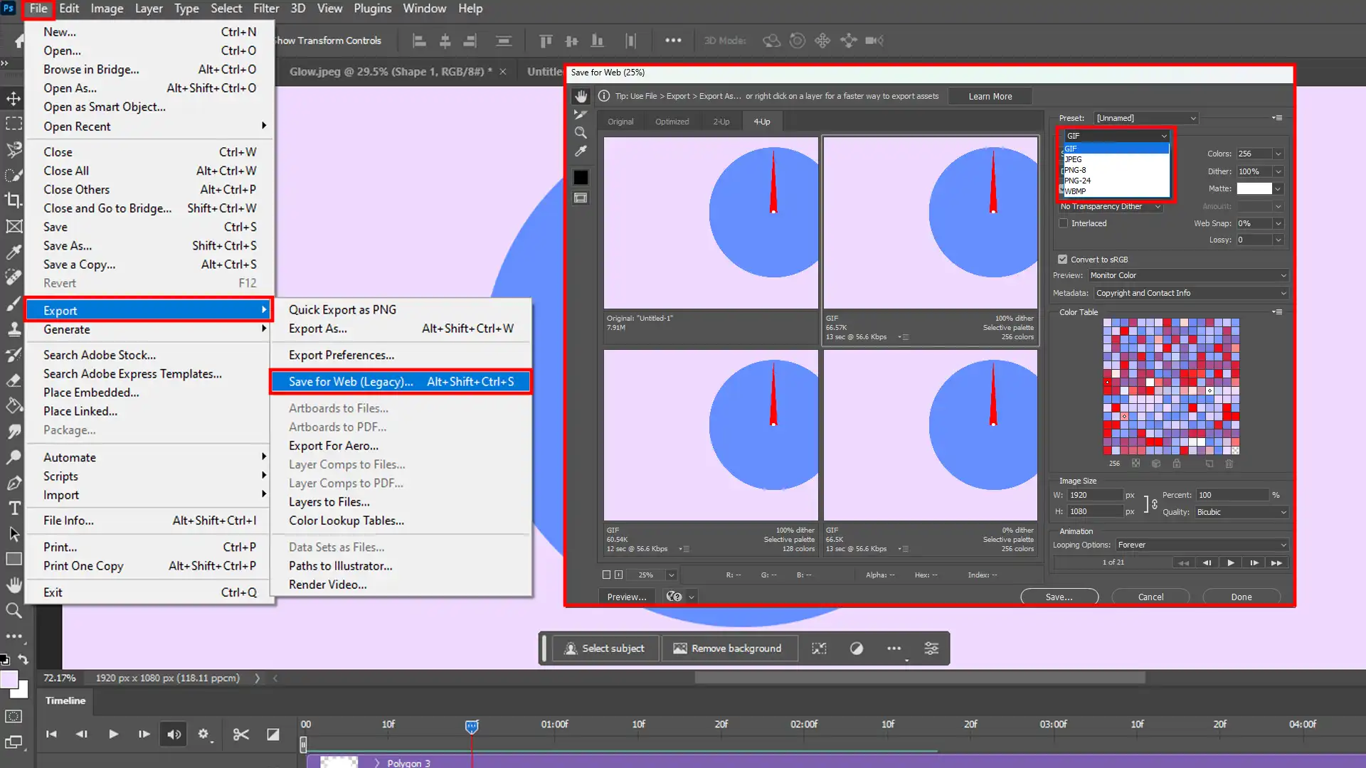 Photoshop 'Save for Web (Legacy)' dialog box showing options to export an animation as a GIF