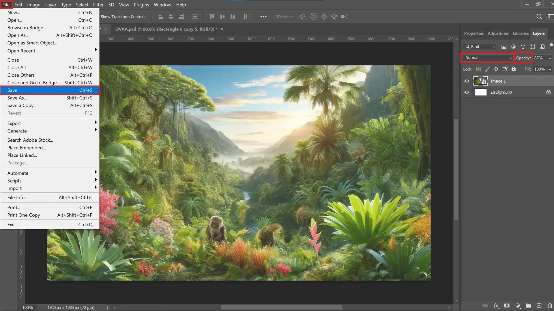 A photo of Adobe Photoshop showing an exotic wilderness image open, with the 'File' menu expanded and the 'Save' option highlighted. The 'Layers' panel shows two layers: 'Image 1' with an opacity of 87% and a locked 'Background' layer.