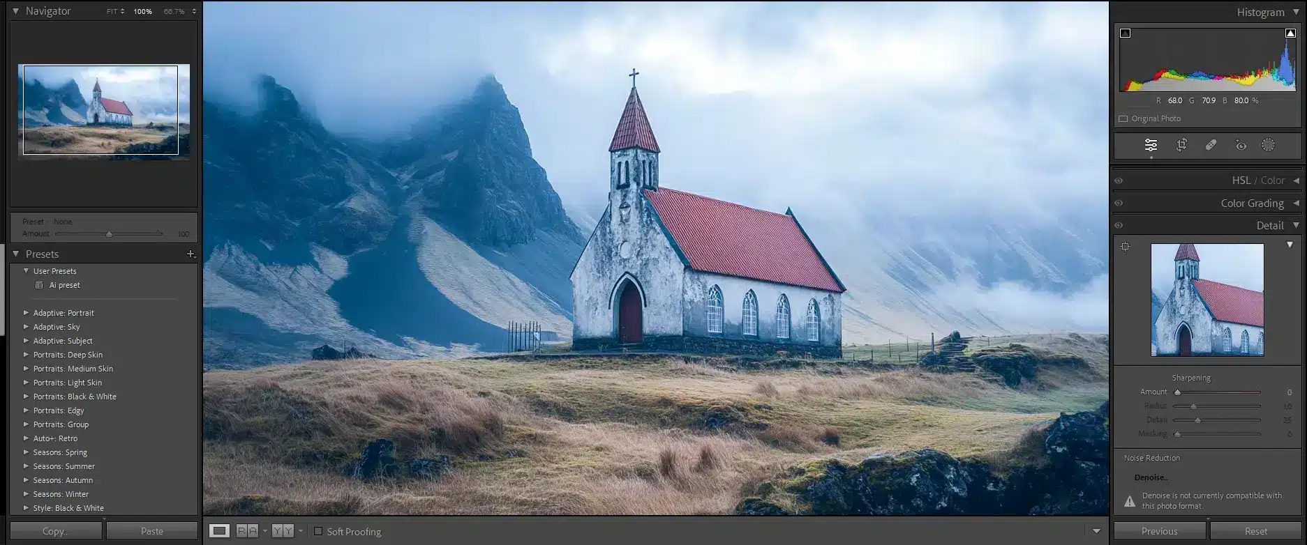 A landscape photograph of a church with mountains in the background, edited in Adobe Lightroom. The editing interface shows adjustments to the image's color grading and sharpening settings.