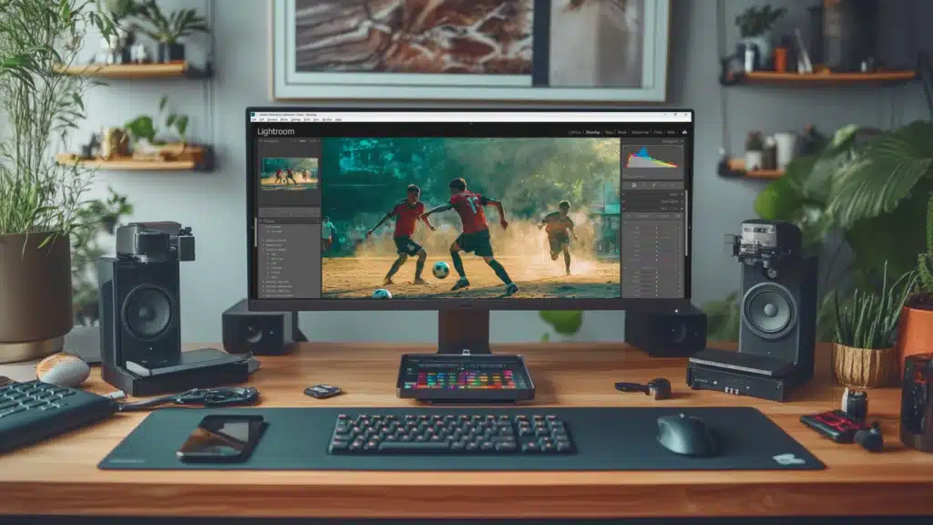 A well-organized editing workstation with a large monitor displaying a soccer match being edited in Adobe Lightroom, surrounded by essential photo editing tools and accessories, set in a modern home office.