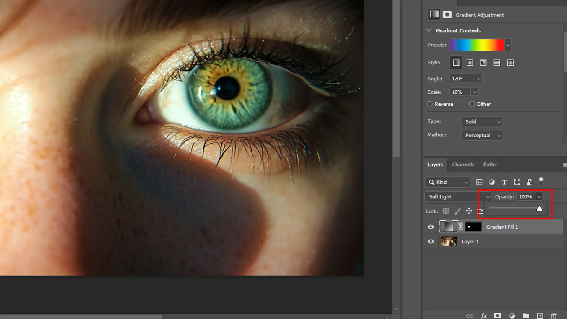Rainbow Eyes Photoshop final touches using opacity and gradient adjustments.