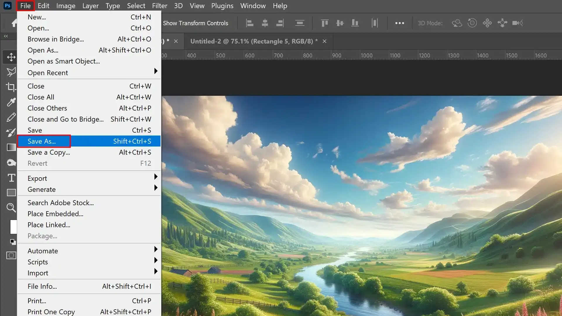 A Photoshop interface showing a vibrant landscape photo with rolling green hills, a winding river, and a blue sky with clouds. The "File" menu is open with "Save As..." highlighted.