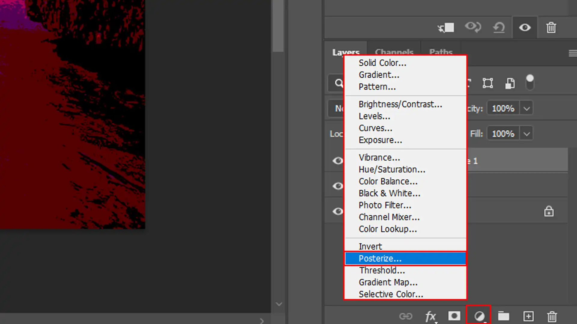 Photo editing software interface displaying the use of an adjustment layer for hue and saturation settings on a image.