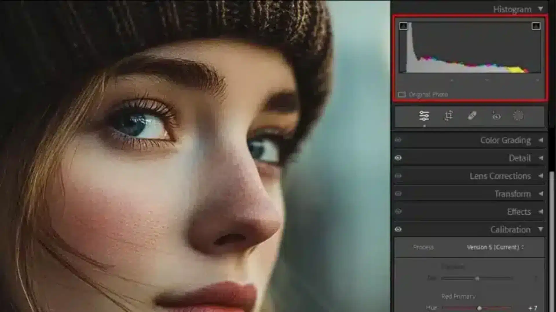 A close-up portrait of a woman in Adobe Lightroom, with the histogram tool displayed. The image demonstrates the fine-tuning of exposure and color balance to achieve professional-level results.