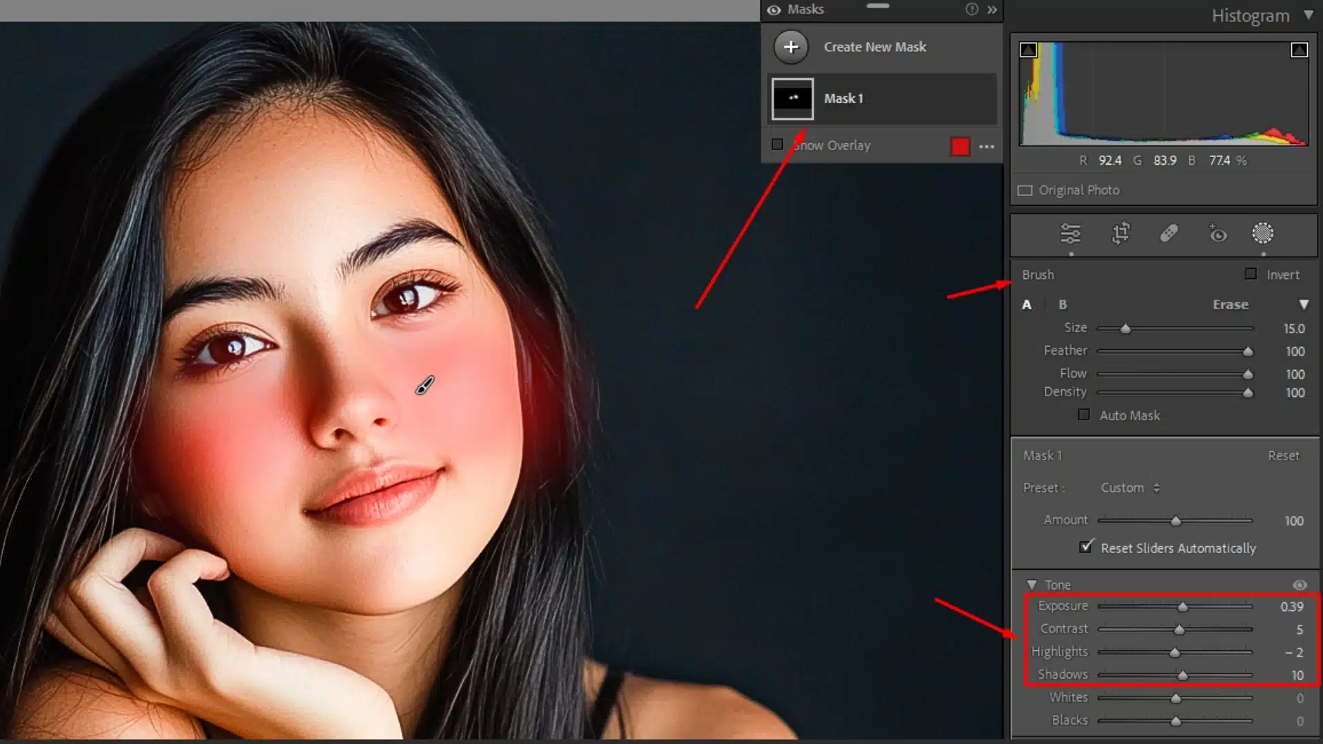 Screenshot showing the use of the Local Adjustment Brush in Adobe Lightroom to apply selective edits, including changes to exposure, highlights, and shadows.