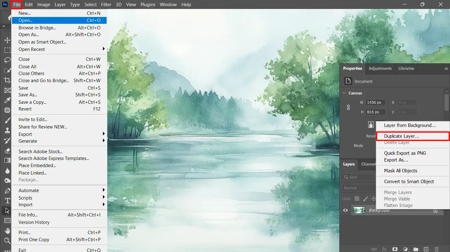 Opening an image file in Photoshop for watercolor effect tutorial