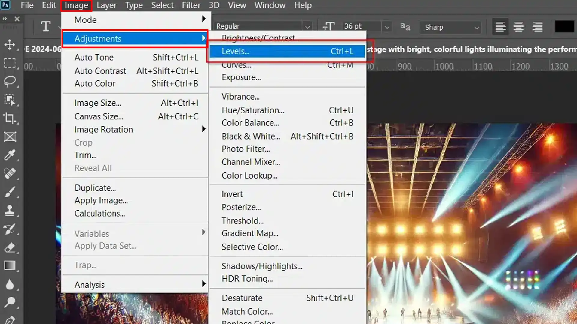 Photoshop interface showing the menu path to adjust levels to fix overexposure in images.