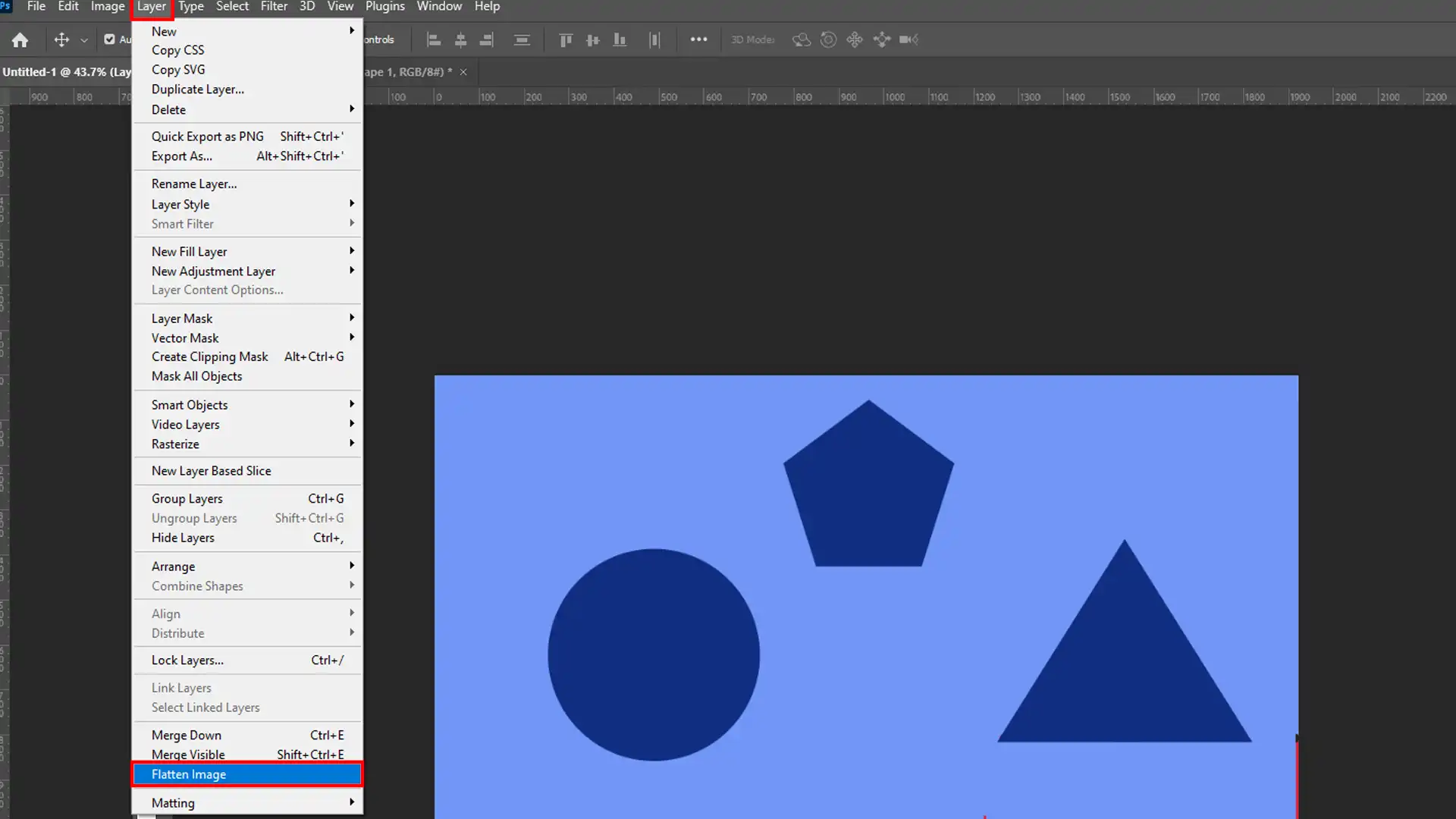 Photoshop interface showing the 'Flatten Image' option highlighted under the Layer menu to combine all layers into a single layer.