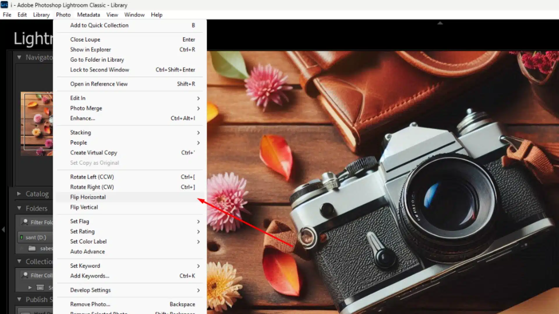 Lightroom Classic Library Module with a menu open to the options for flipping an image horizontally or vertically.