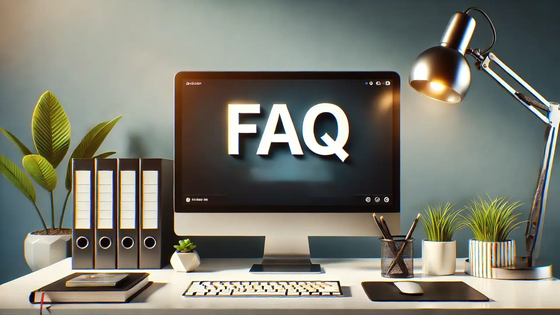 Modern desk setup with a computer screen displaying 'FAQ' in bold letters, symbolizing a section dedicated to frequently asked questions in Ps.