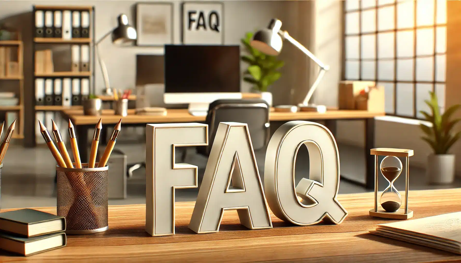 A modern office desk with large 3D letters spelling 'FAQ' in the foreground, surrounded by stationery, books, and an hourglass. In the background, there is a computer screen and office decor, emphasizing a frequently asked questions section in a professional work environment.