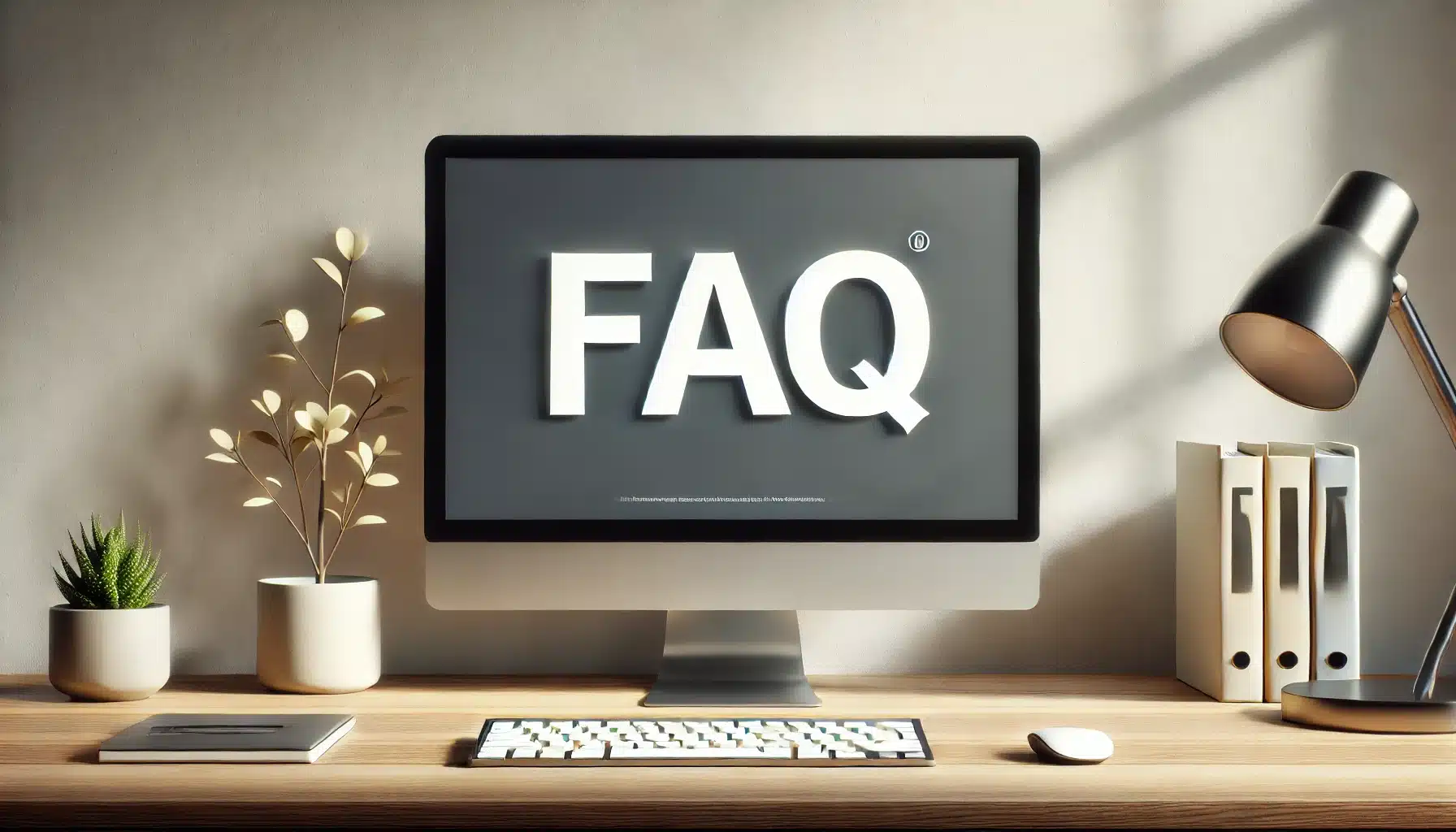 Computer screen displaying 'FAQ' in a clean and minimalistic work environment, symbolizing a section for frequently asked questions about Ps tutorials.