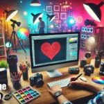 A designer works in a vibrant studio, creating a red heart shape in Photoshop on their computer screen. The workspace is filled with cameras, lenses, and colorful editing tools under bright studio lighting.