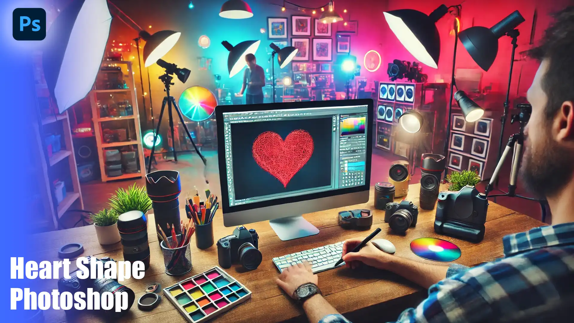 A designer works in a vibrant studio, creating a red heart shape in Photoshop on their computer screen. The workspace is filled with cameras, lenses, and colorful editing tools under bright studio lighting.