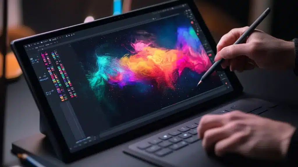 An artist using a high-precision graphics tablet to create a vibrant, colorful digital artwork, emphasizing the control and accuracy provided by advanced drawing tablets for photo editing and digital design.