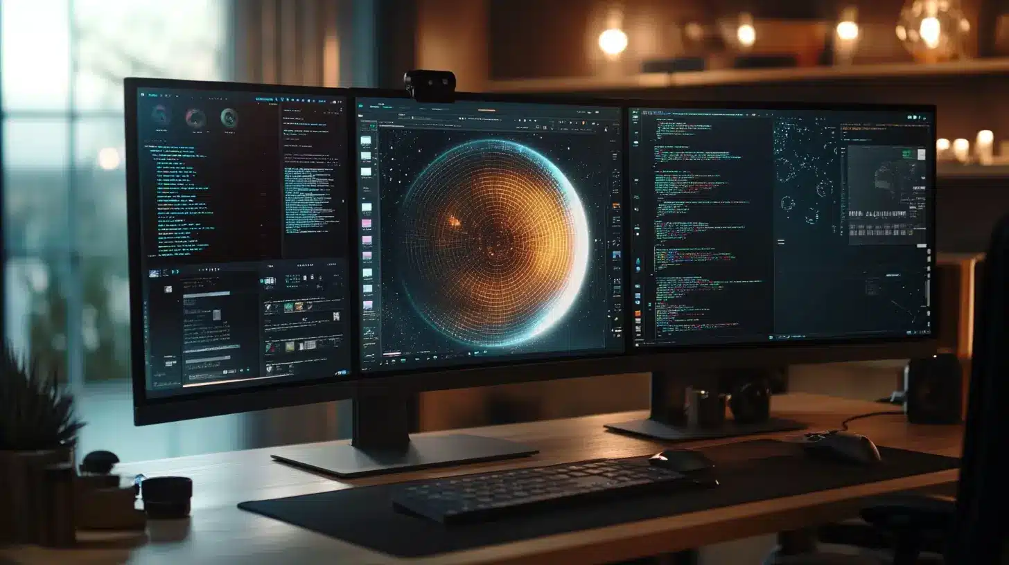 A high-resolution multi-monitor setup displaying detailed graphics and coding interfaces, ideal for enhancing precision and productivity in photo editing with Lightroom.