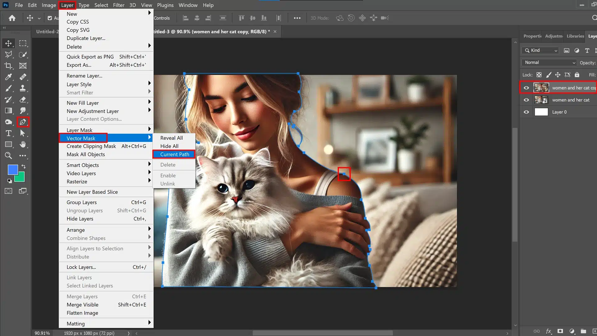 Ps interface showing the steps to create a vector mask on an image of a woman holding a cat, with the 'Layer' menu and options highlighted.