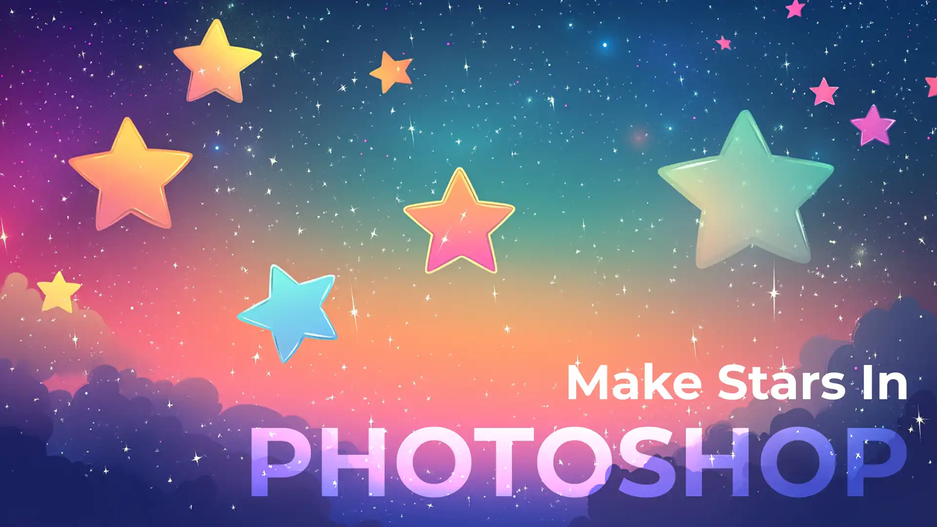 Colorful stars on a gradient background illustrating the process of how to make stars in Photoshop using various tools and techniques for creative graphic design.