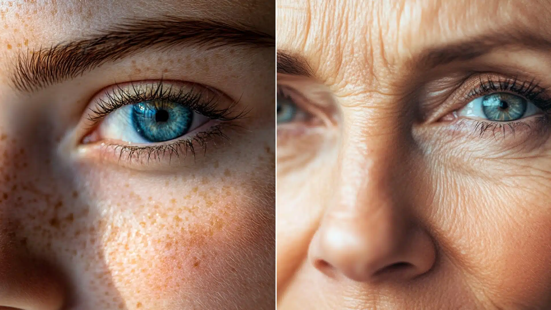 Close-up comparison of a young woman's skin with freckles and an older woman's skin with wrinkles, showcasing Lightroom Classic's blemish and wrinkle reduction capabilities.