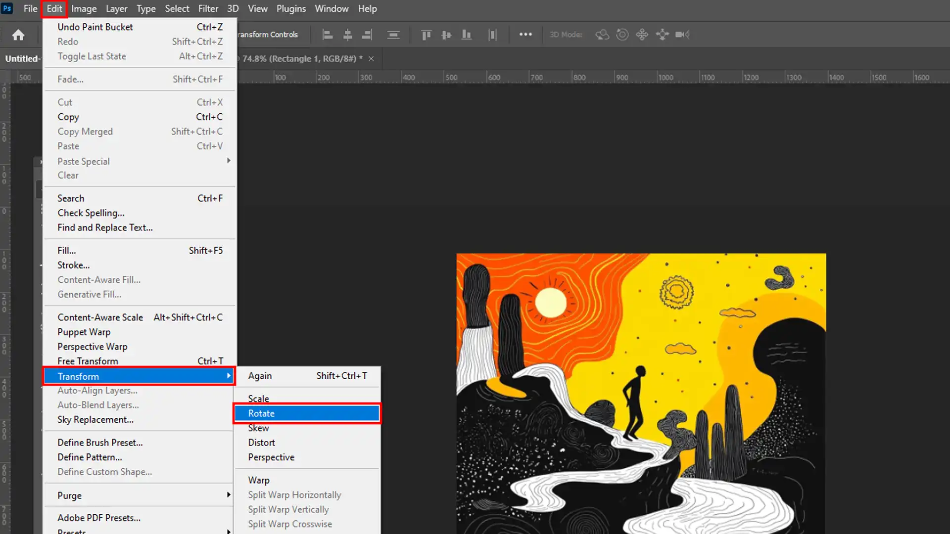 Photoshop illustrating the steps to rotate an image.