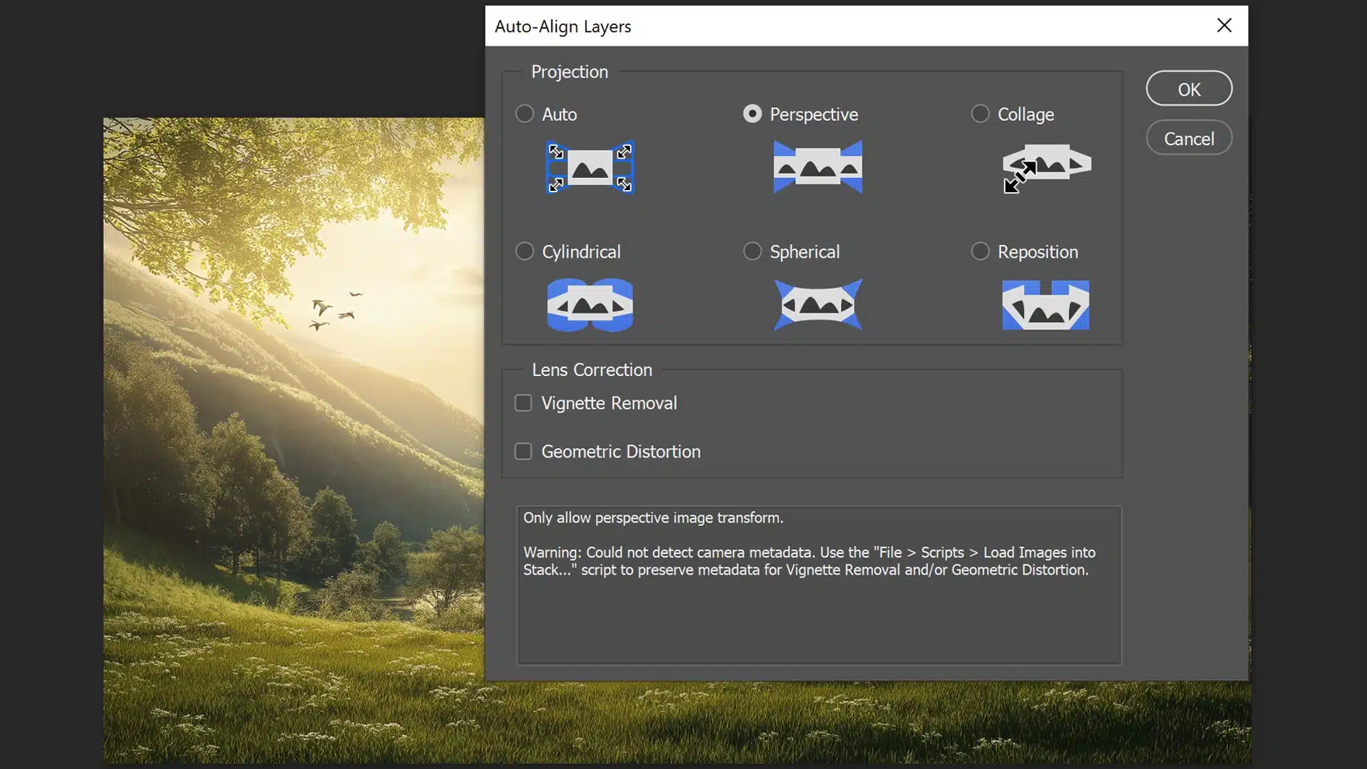 Ps Auto-Align Layers dialog box with alignment options like Perspective, Cylindrical, Spherical, and more.