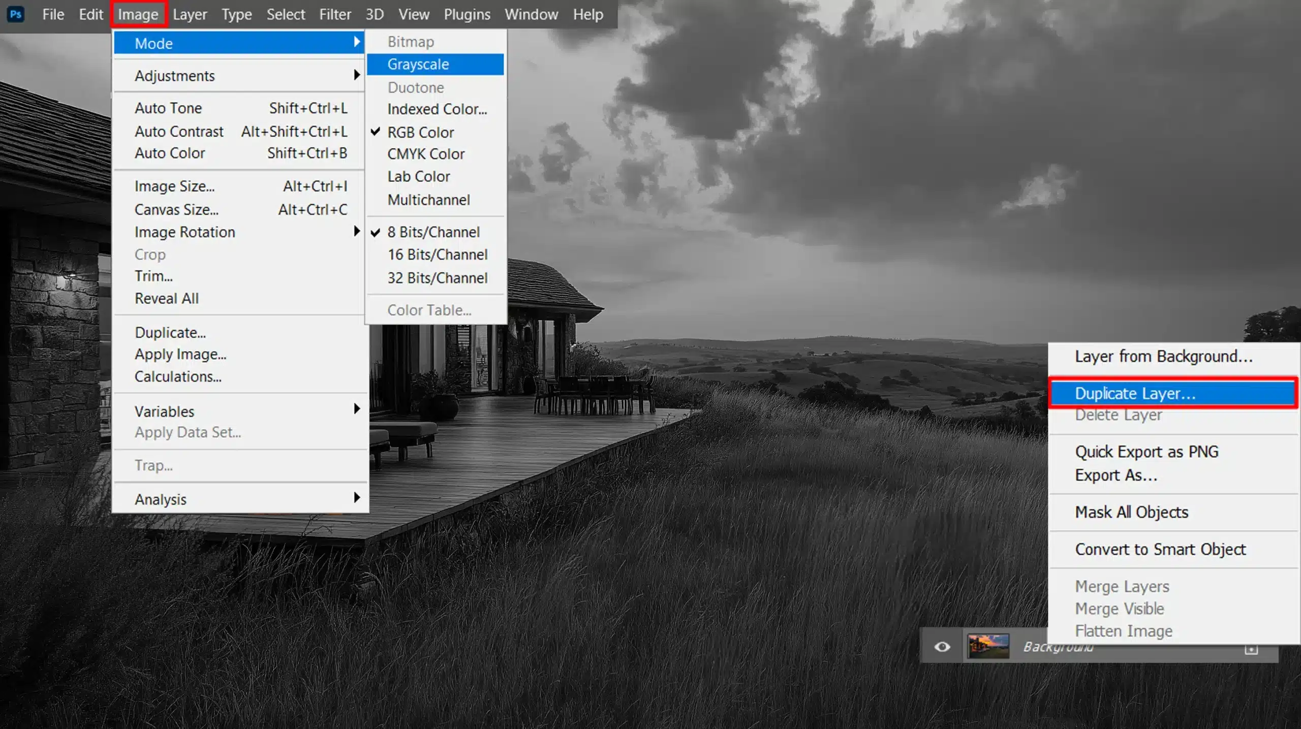 Image setting menu in Ps to select achromatic style