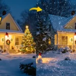 A comparison of a house decorated for Christmas, before and after adding a snow overlay in Photoshop, showing a festive effect with falling snow.