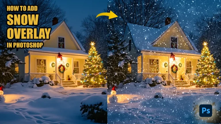 A comparison of a house decorated for Christmas, before and after adding a snow overlay in Photoshop, showing a festive effect with falling snow.