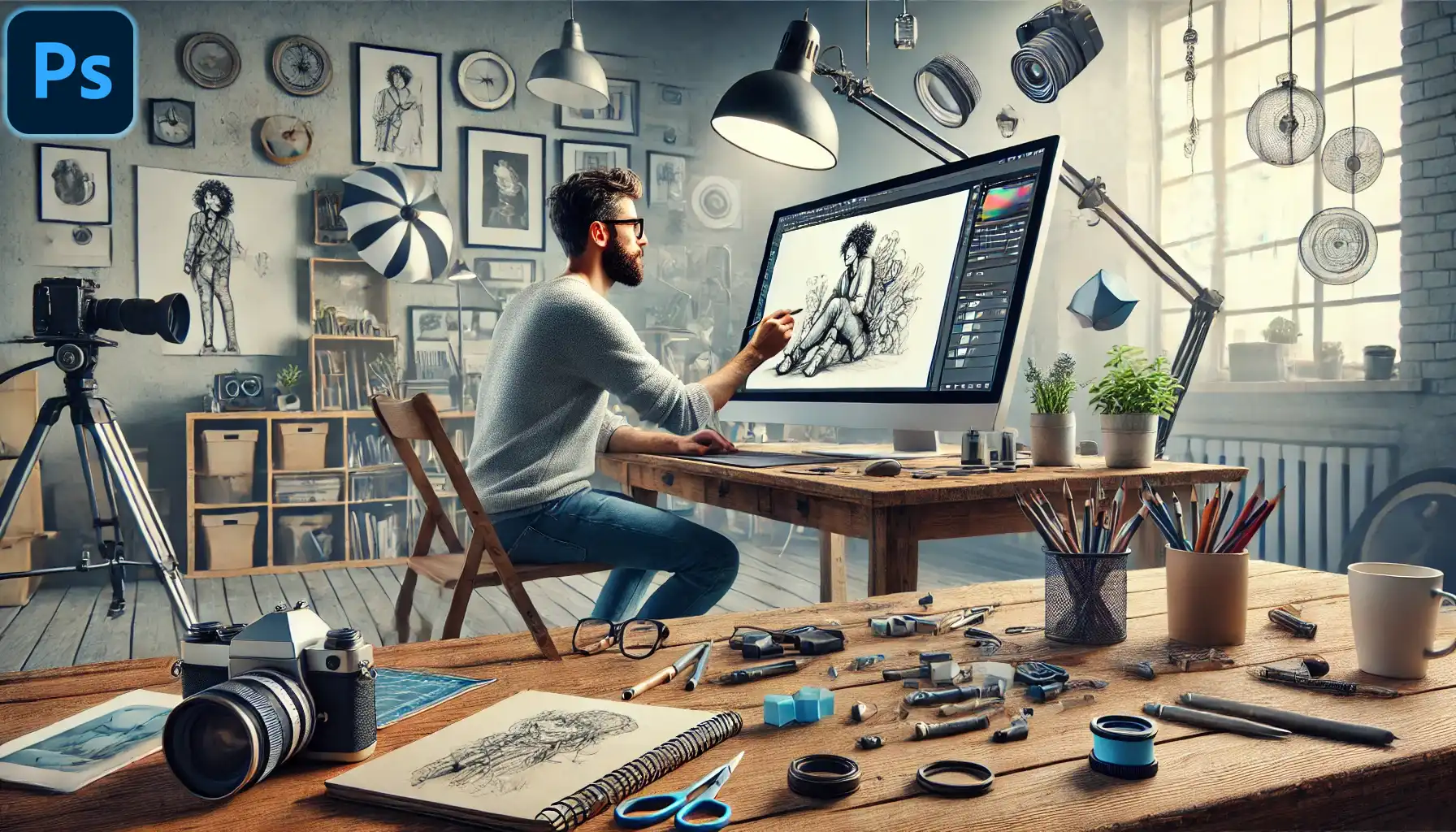 Digital artist drawing in Adobe Psworkspace, illustrating learn sketching in Ps