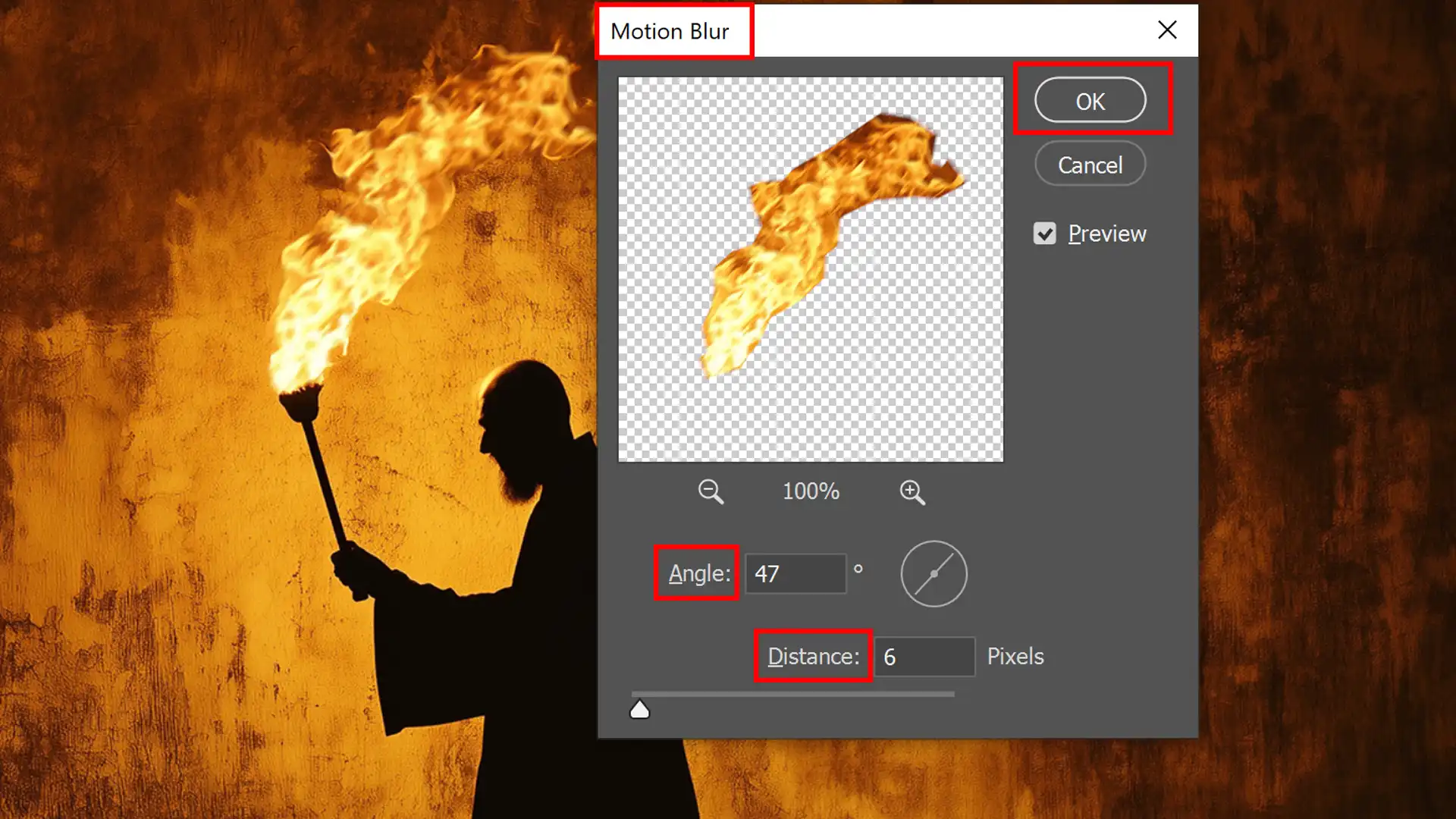 Motion blur settings for creating dynamic inferno filters showing adjustment options for angle and distance.