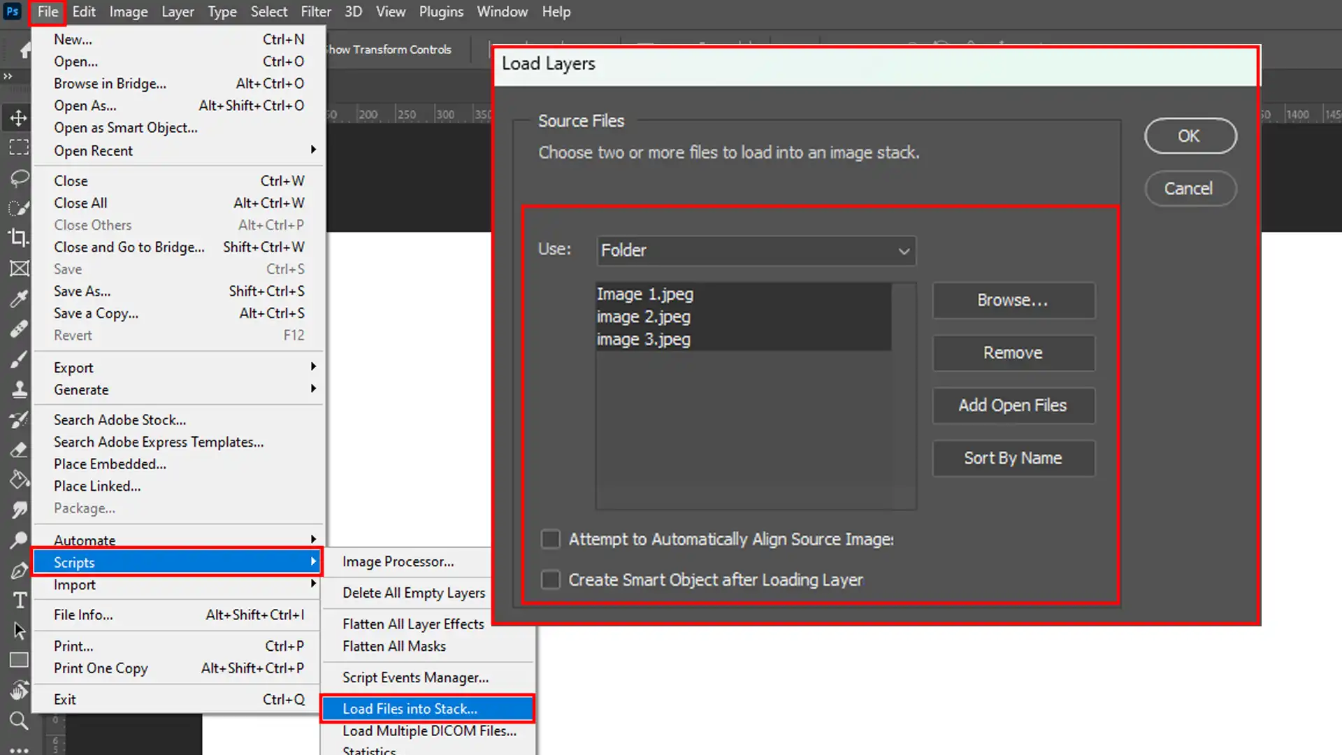 Photoshop menu with options to load multiple images into layers using Scripts.