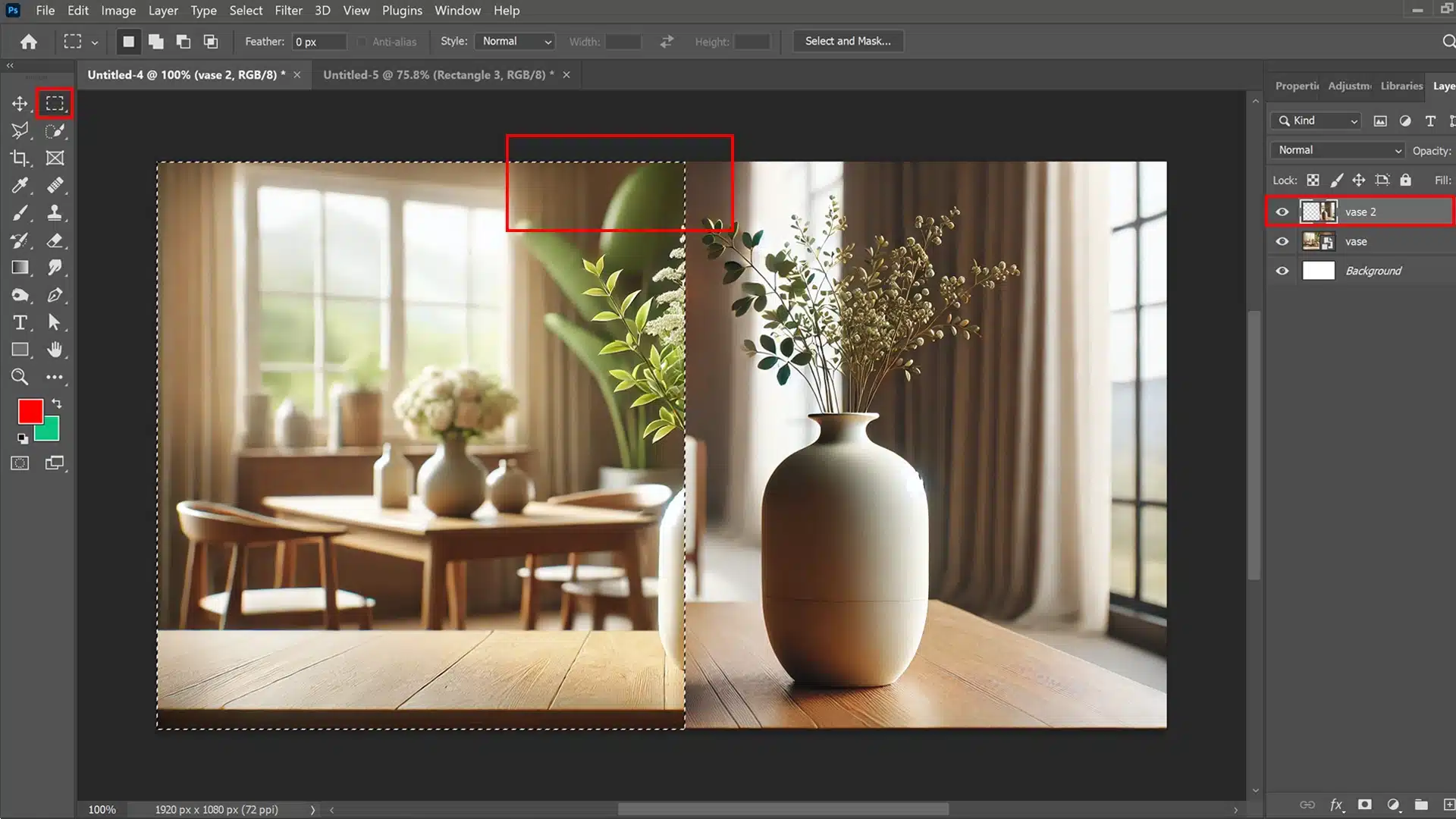 Ps interface showing a vase image with a selected area using the Rectangular Marquee Tool, demonstrating the process of cropping a single layer to isolate specific elements without affecting the background.