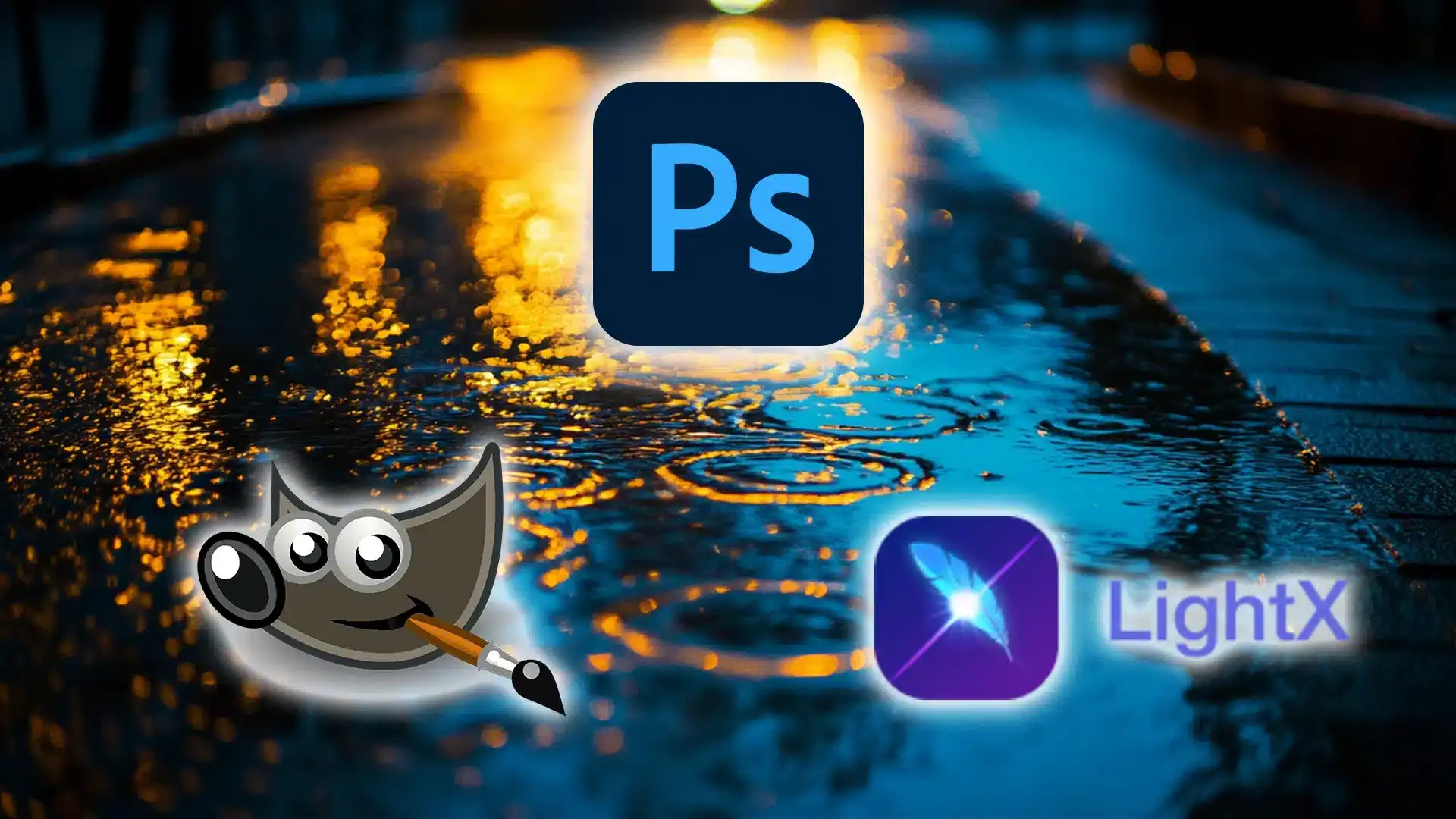 Logos of Photoshop, GIMP, and LightX apps over a wet street background, highlighting the tools needed for adding a realistic rain effect to photos.