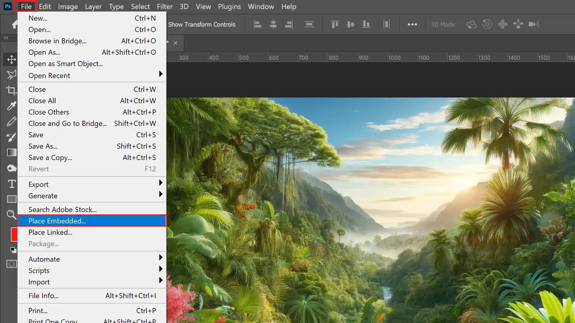 A photo of Adobe Photoshop showing an exotic wilderness image open, with the 'File' menu expanded and the 'Place Embedded...' option highlighted.