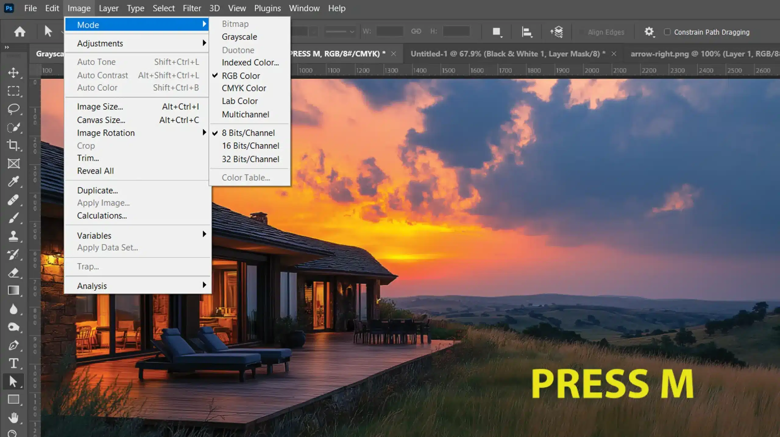 Accessing the Mode submenu in Photoshop with keyboard shortcuts