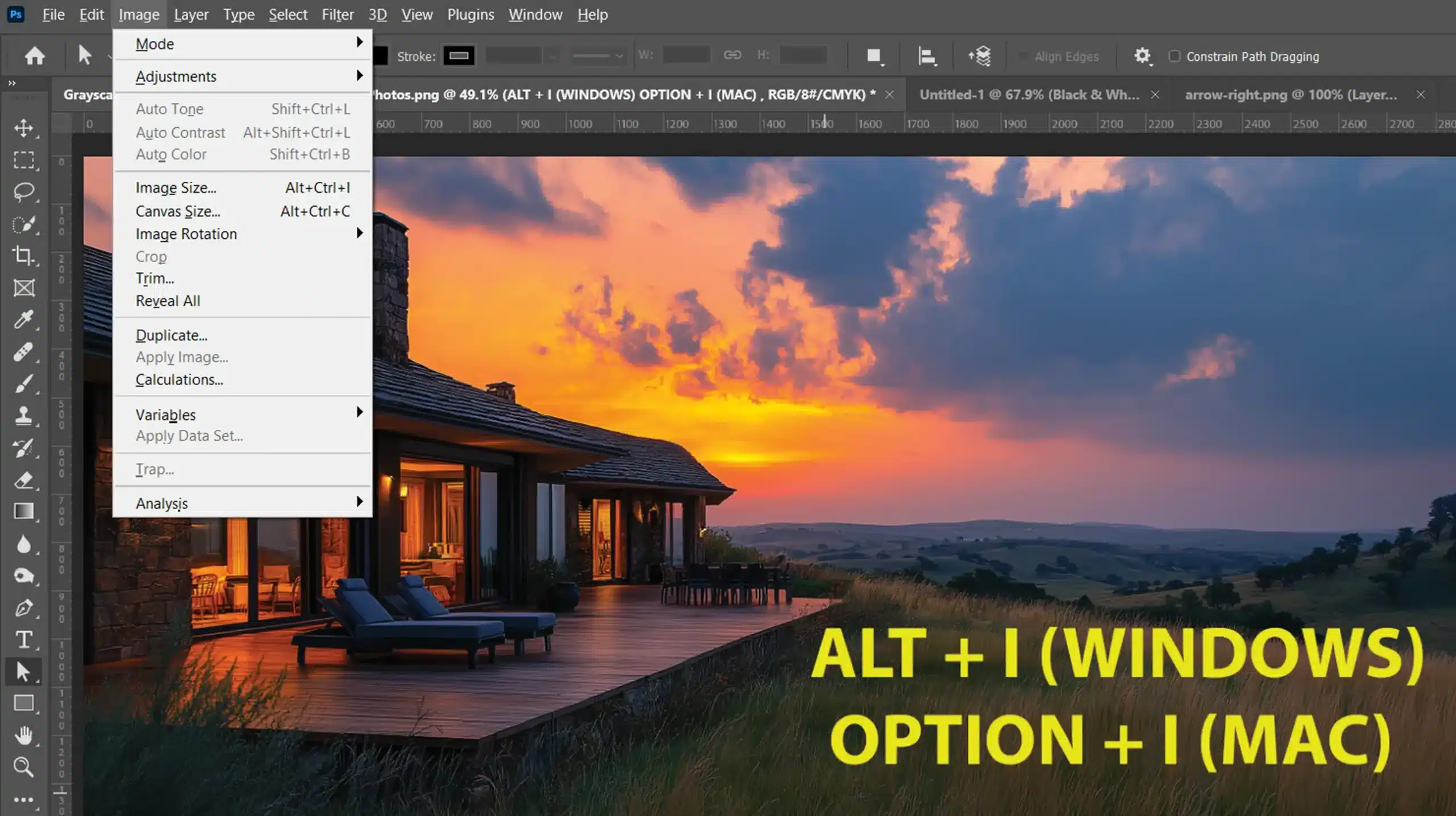 Using the Image menu shortcut in Photoshop