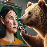A large bear uses a digital editing tool to retouch a painting of a girl with acne on her face. The bear is focused on removing acne, with bright colors and high contrast highlighting the realistic scene.