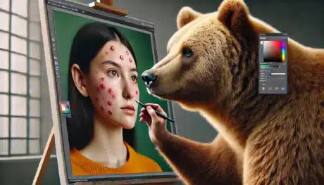 A large bear uses a digital editing tool to retouch a painting of a girl with acne on her face. The bear is focused on removing acne, with bright colors and high contrast highlighting the realistic scene.