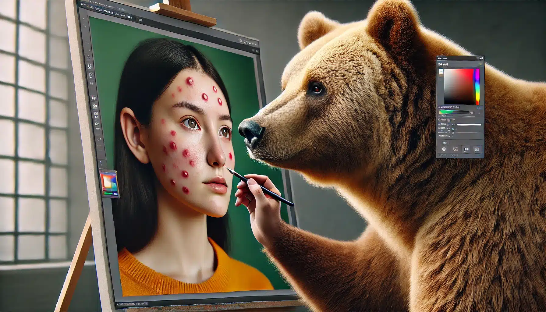 A large bear uses a digital editing tool to retouch a painting of a girl with acne on her face. The bear is focused on removing acne, with bright colors and high contrast highlighting the realistic scene.