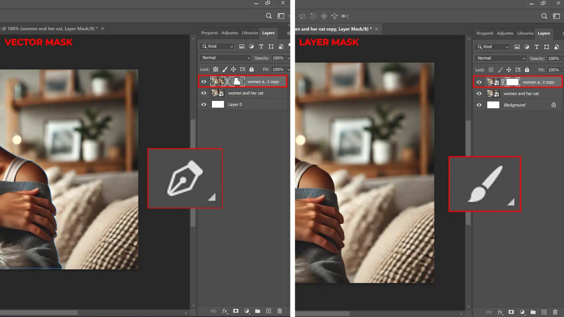 Comparison of Ps interface showing layer masks and vector masks, highlighting the differences in icons and layer management in the panel.