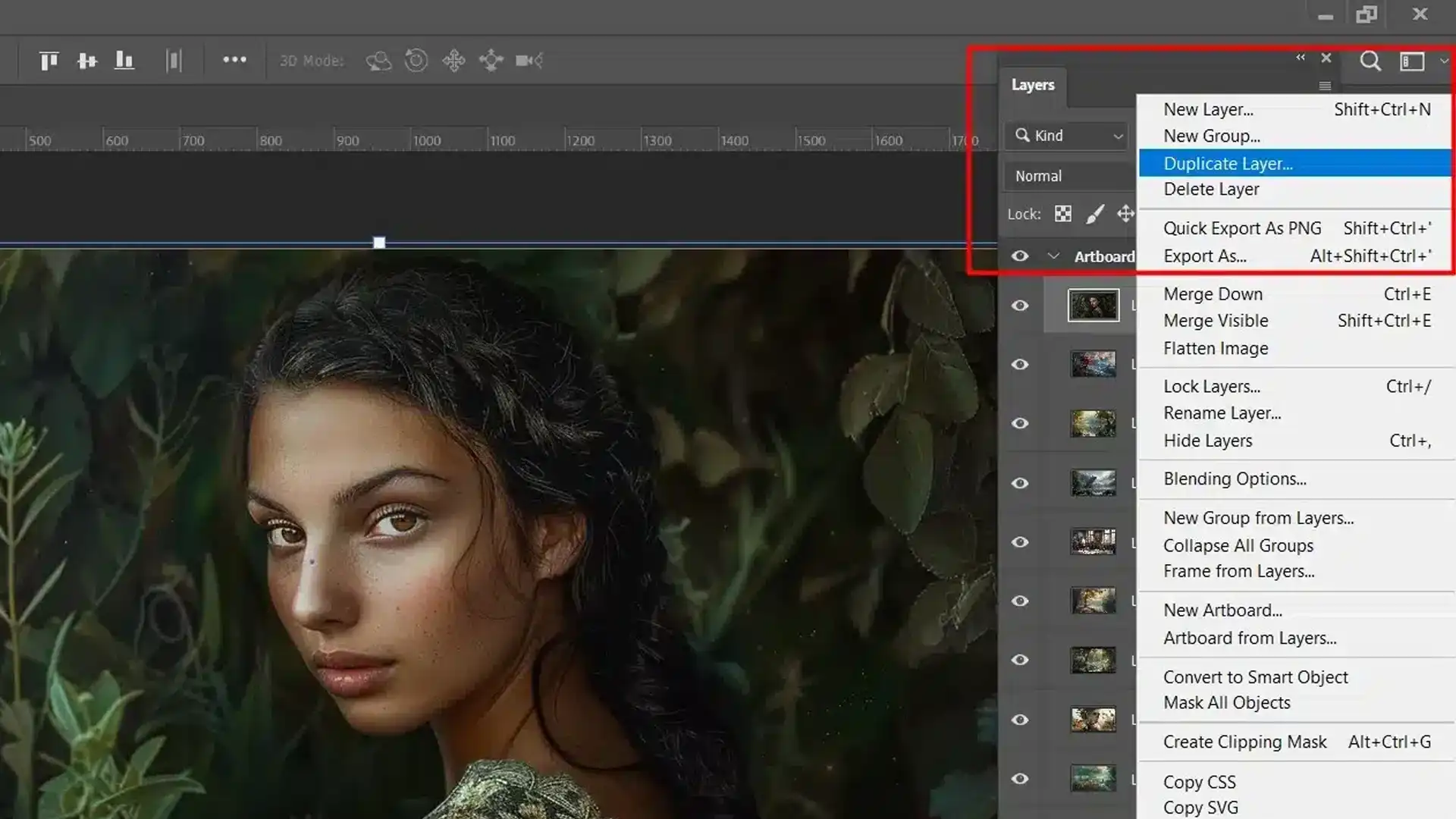 Photoshop layers panel with options for duplicating and copying layers highlighted