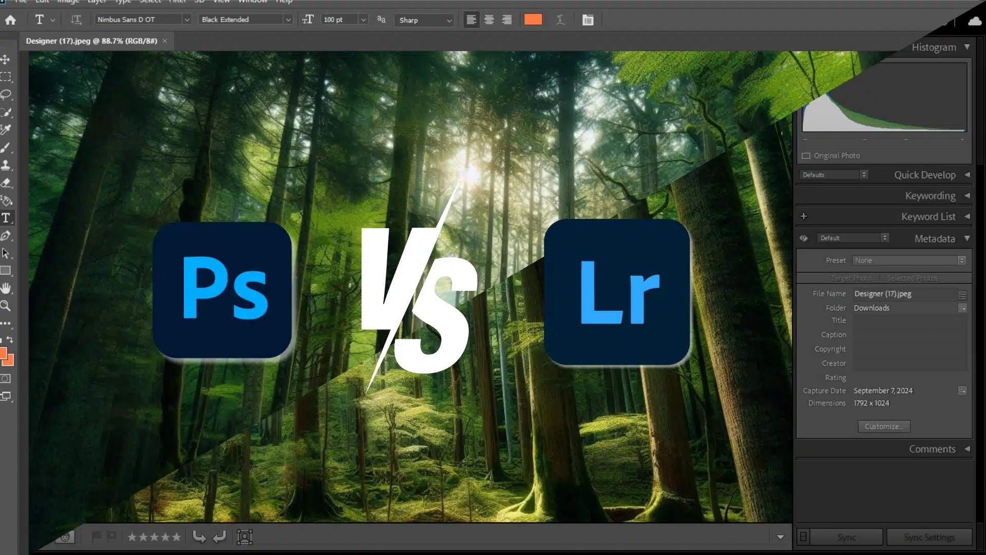 A split-screen forest image with Lightroom and Photoshop logos, visually comparing the two editing platforms.