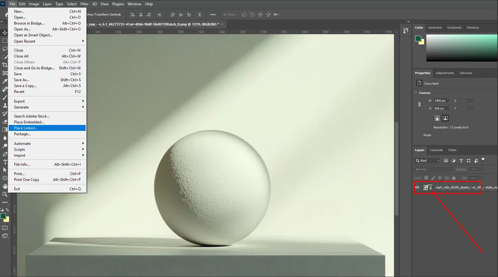 Photoshop interface showing a 3D-rendered sphere with the "Place Linked" option selected in the File menu and the linked smart object highlighted in the Layers panel.