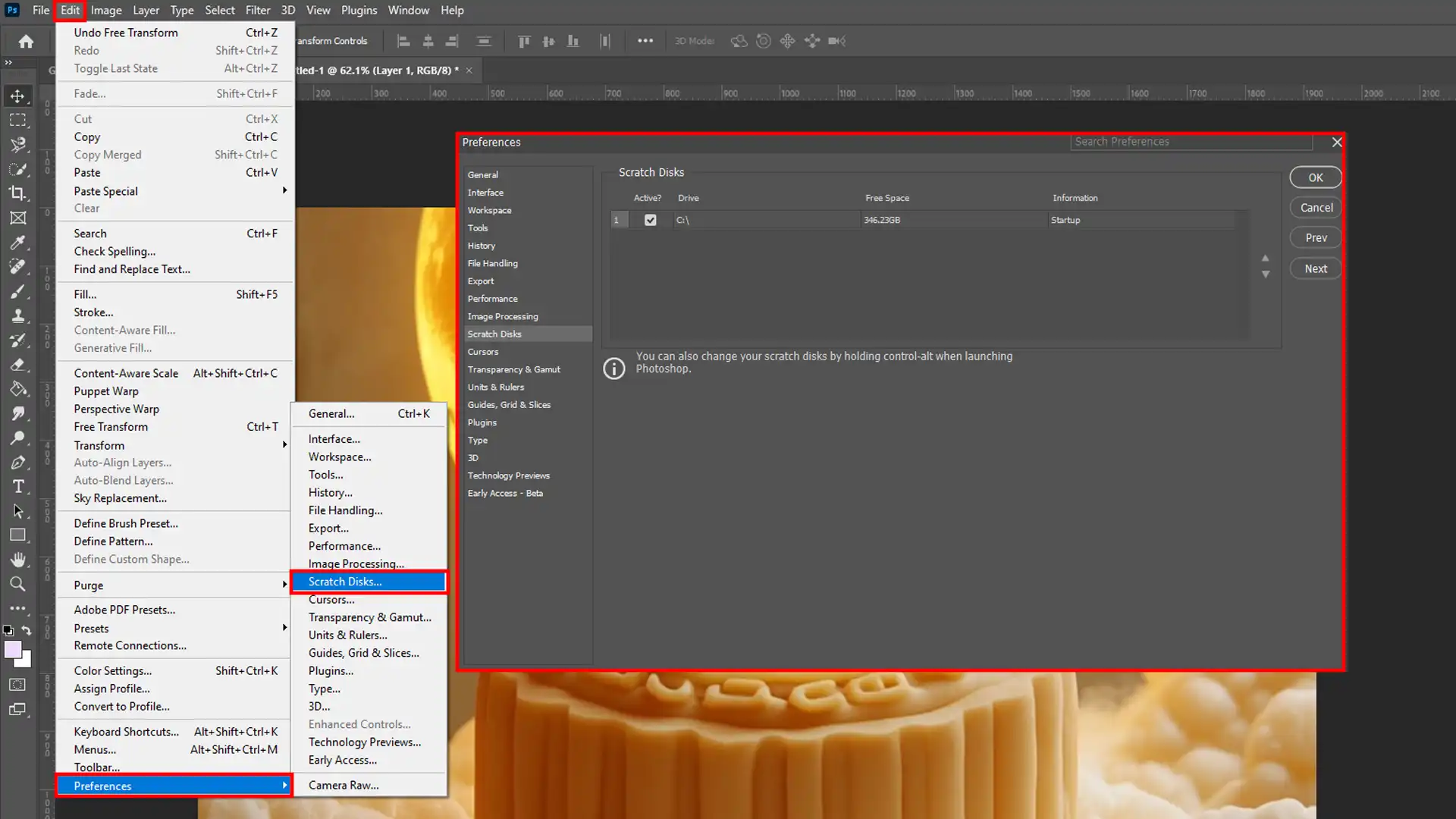 Photoshop Scratch Disks settings window showing available scratch disk space on the C: drive.