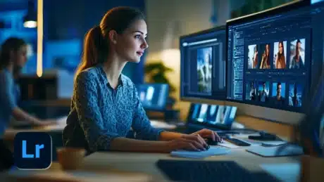 A woman working in Adobe Lightroom software on a dual-monitor setup, enhancing photos with various editing tools in a modern, creative workspace.