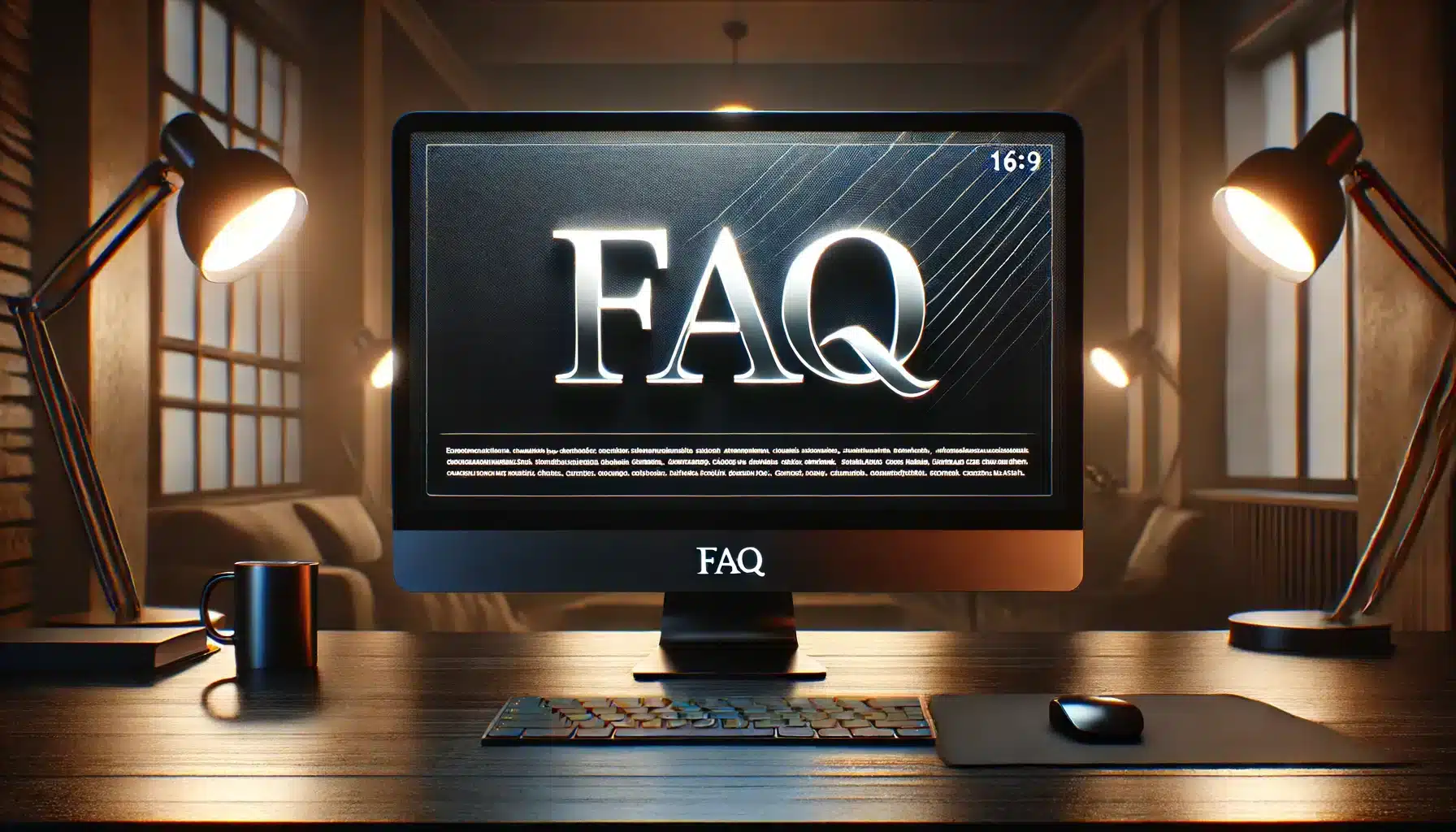 FAQ displayed on a computer screen in a dimly lit workspace, emphasizing editing tools in Photoshop.