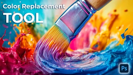 Close-up of a paintbrush blending vibrant colors like blue, red, yellow, and purple, symbolizing the use of the Color Replacement Tool in Photoshop.