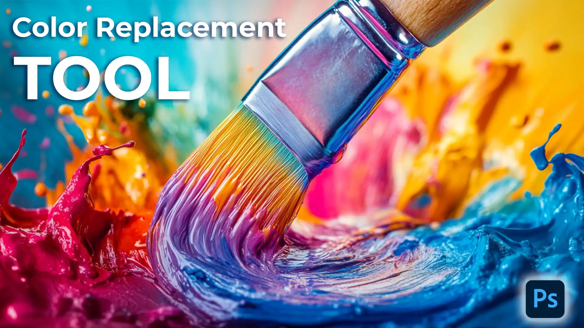 Close-up of a paintbrush blending vibrant colors like blue, red, yellow, and purple, symbolizing the use of the Color Replacement Tool in Photoshop.